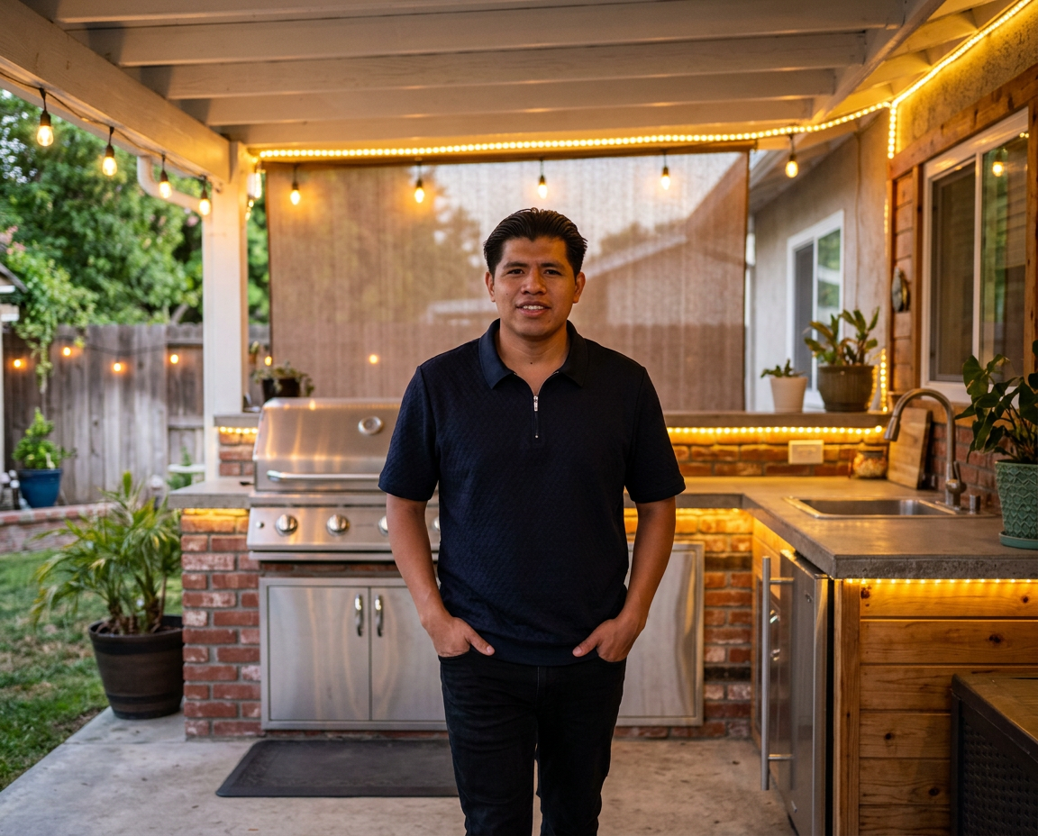 Fredy Lux, founder of Lux Custom Homes, at a finished Houston outdoor kitchen and patio addition