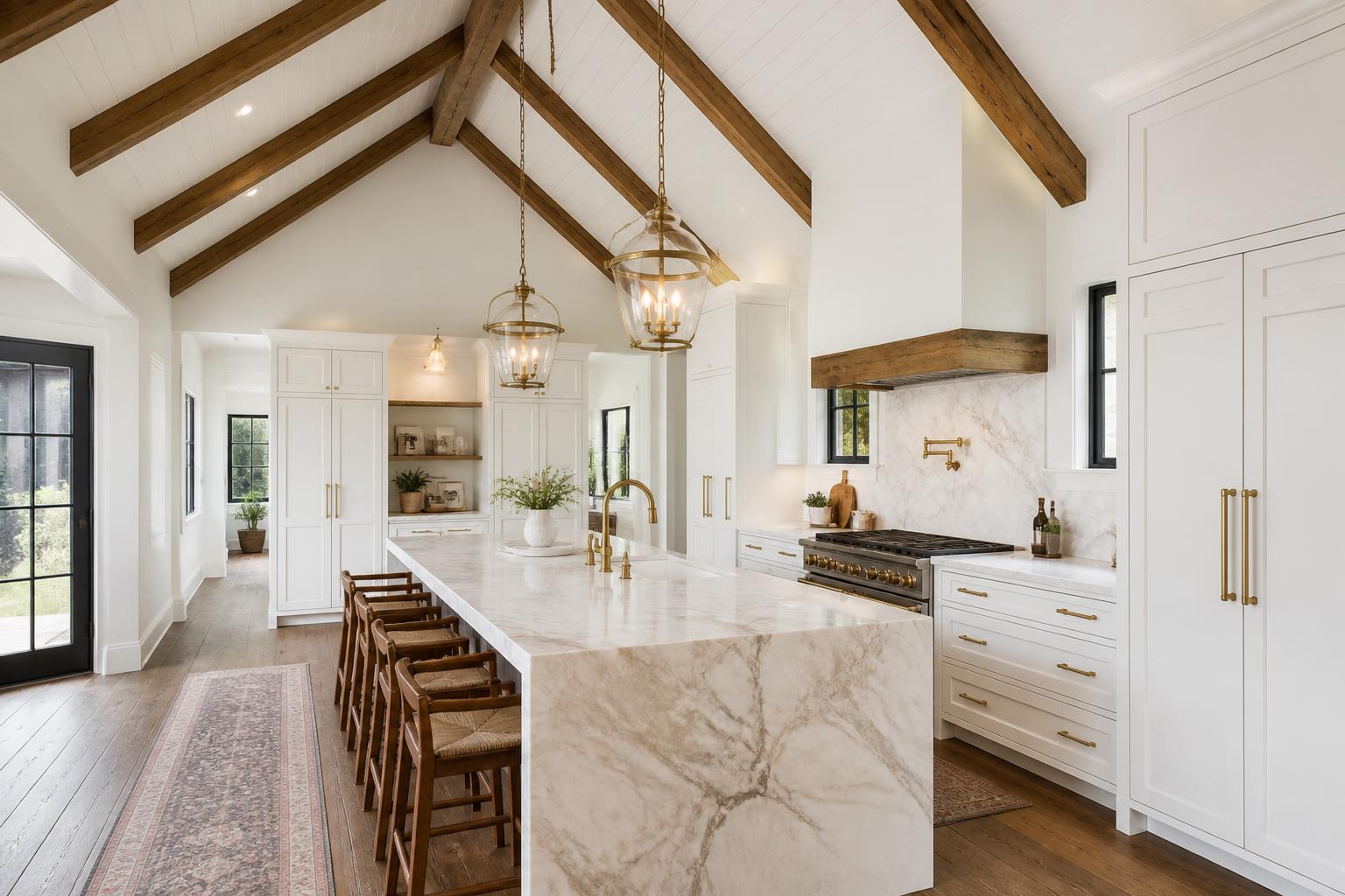 Custom farmhouse kitchen with white vaulted ceiling, cedar beams and marble island
