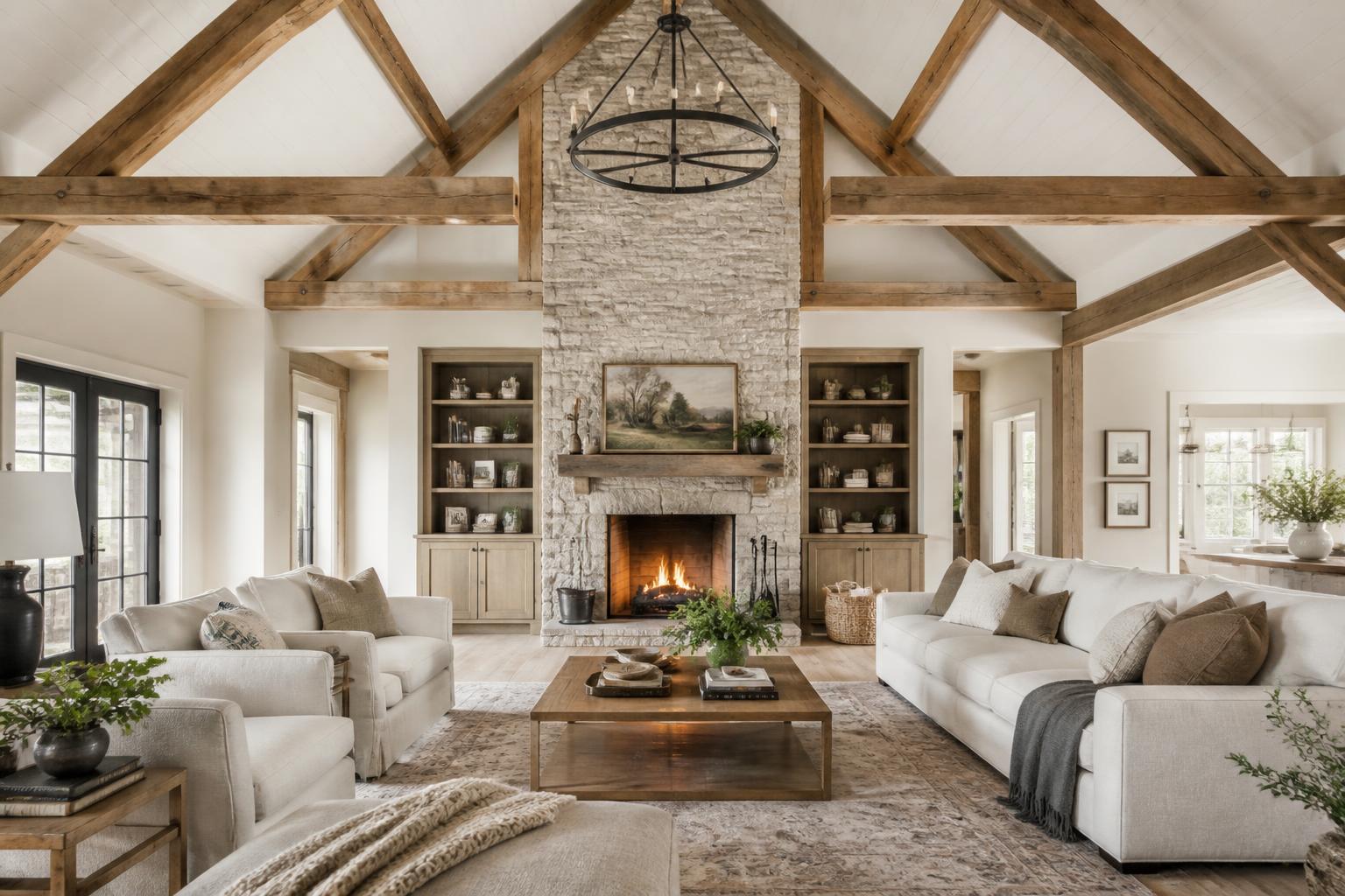 Living room with white cathedral ceiling, cedar trusses and stone fireplace