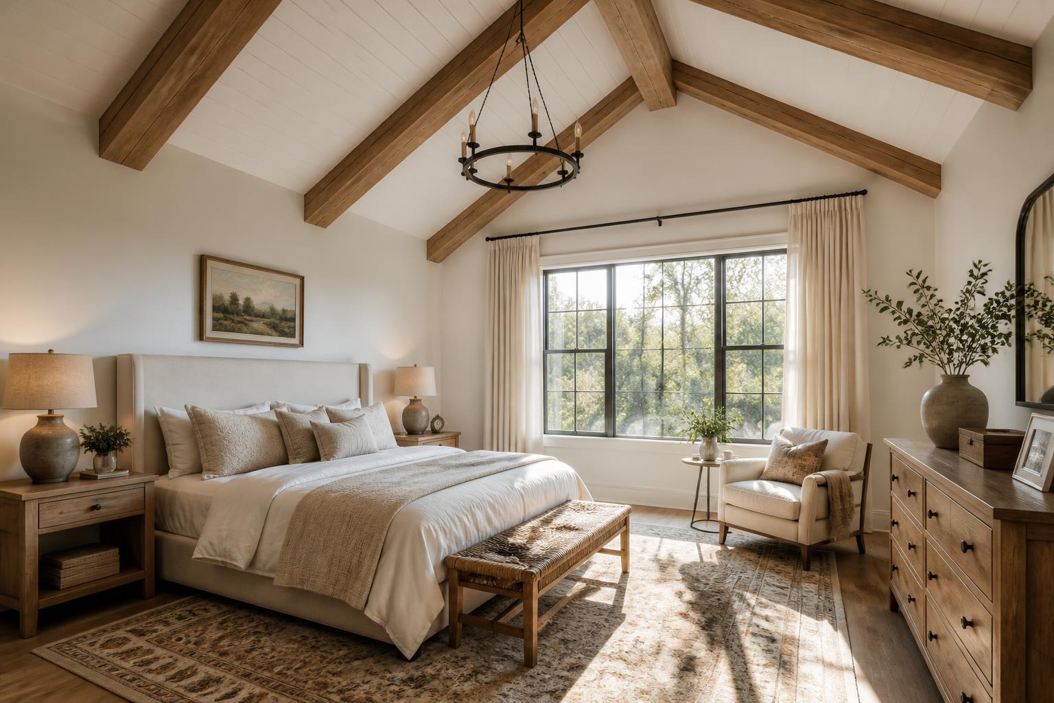 Primary bedroom with white vaulted ceiling and cedar beams