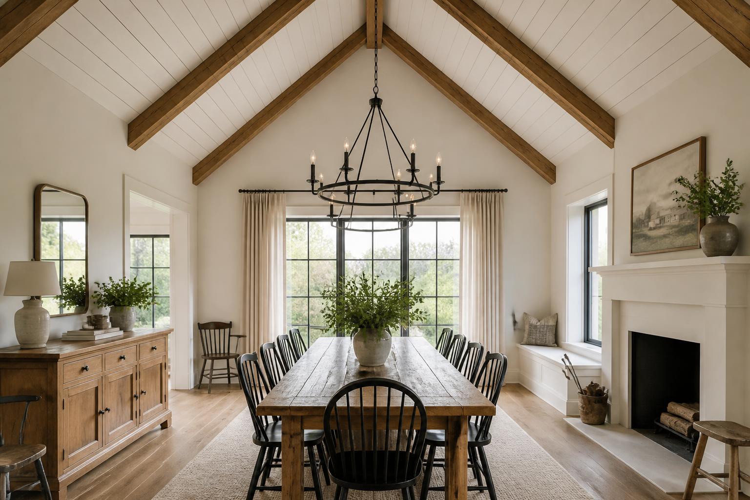 Open dining room with white vaulted ceiling, cedar beams and iron chandelier