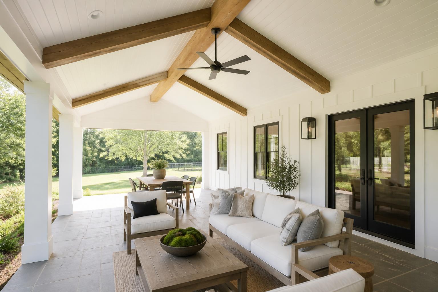 Covered porch with white tongue and groove ceiling with cedar beams