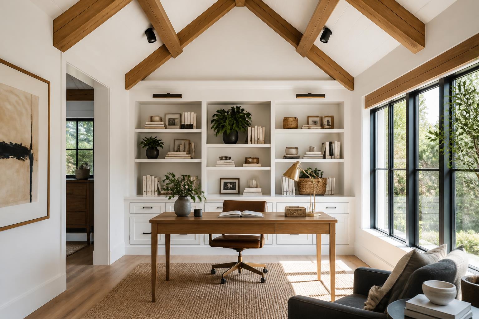 Home office with white vaulted ceiling, cedar beams and built-in shelving