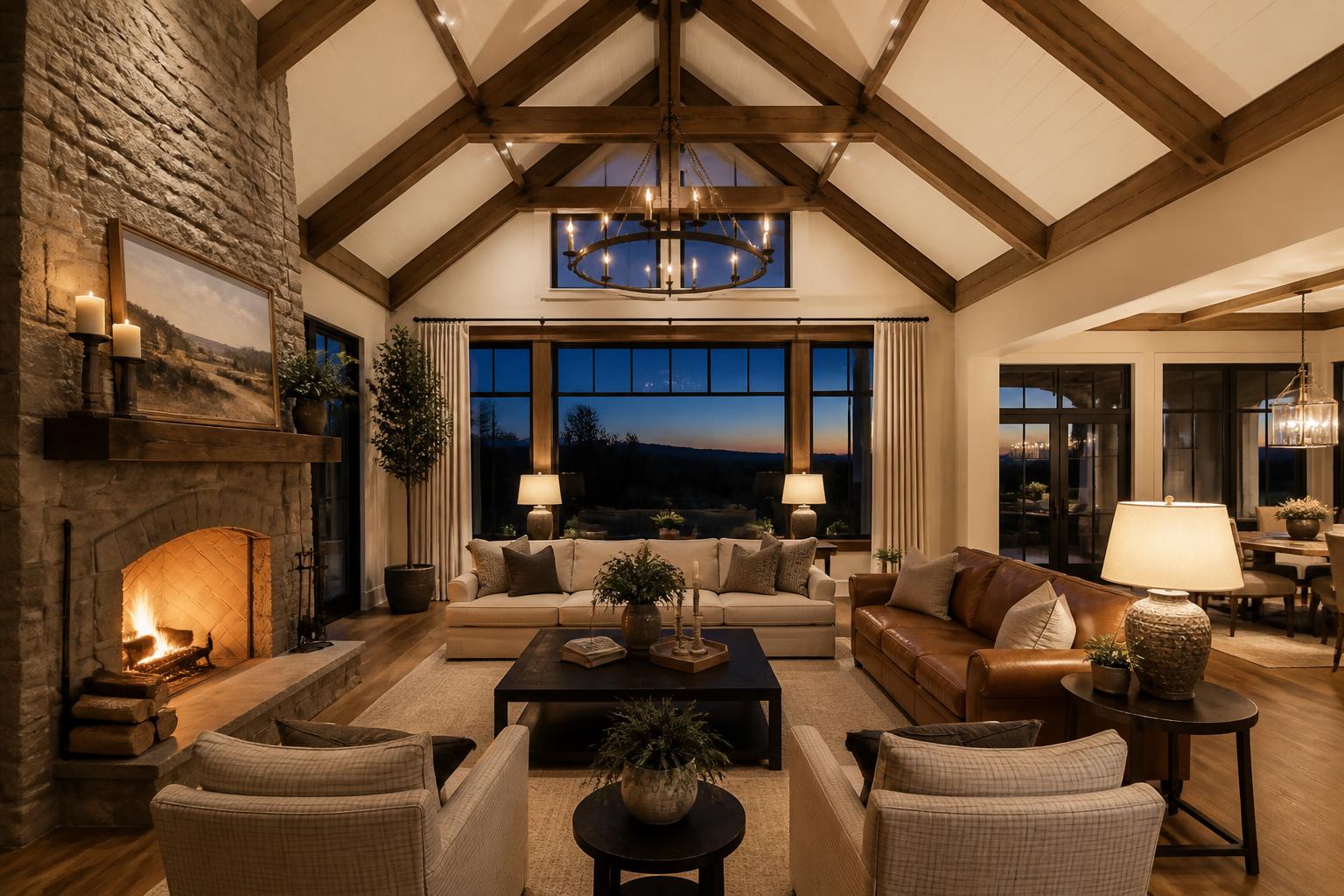 Great room at dusk with white cathedral ceiling with cedar trusses and fireplace