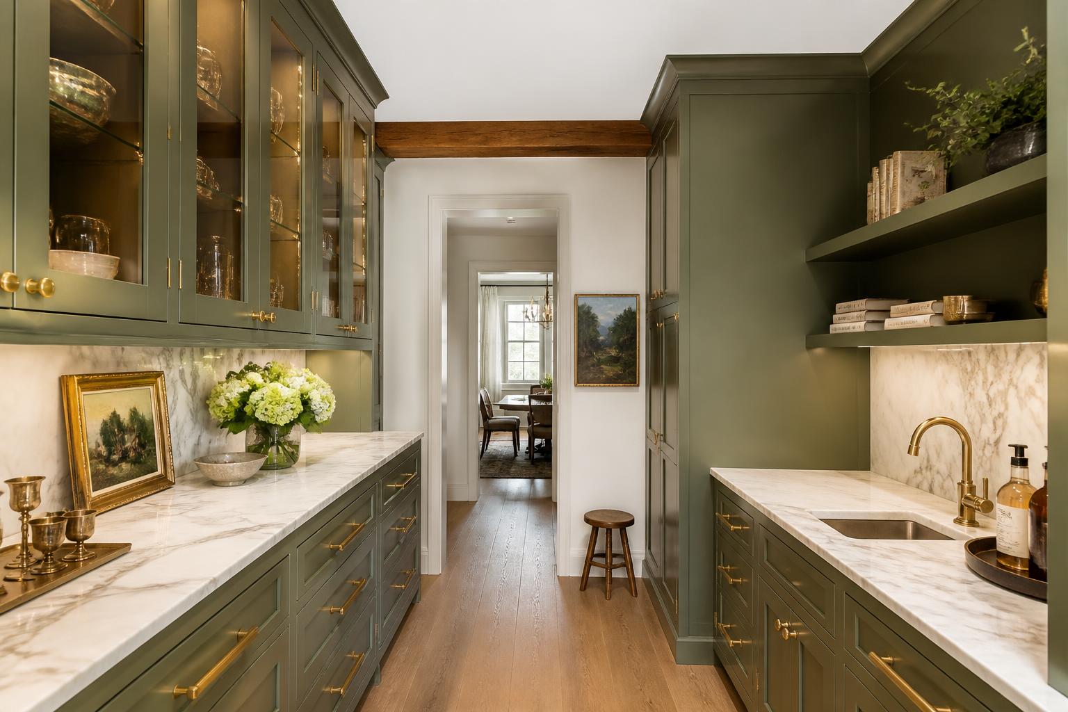 Butler pantry with white ceiling, cedar beam and green cabinetry