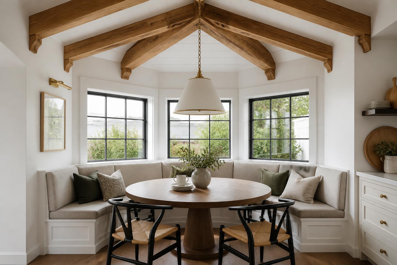 Breakfast nook with white vaulted ceiling, cedar beams and banquette seating