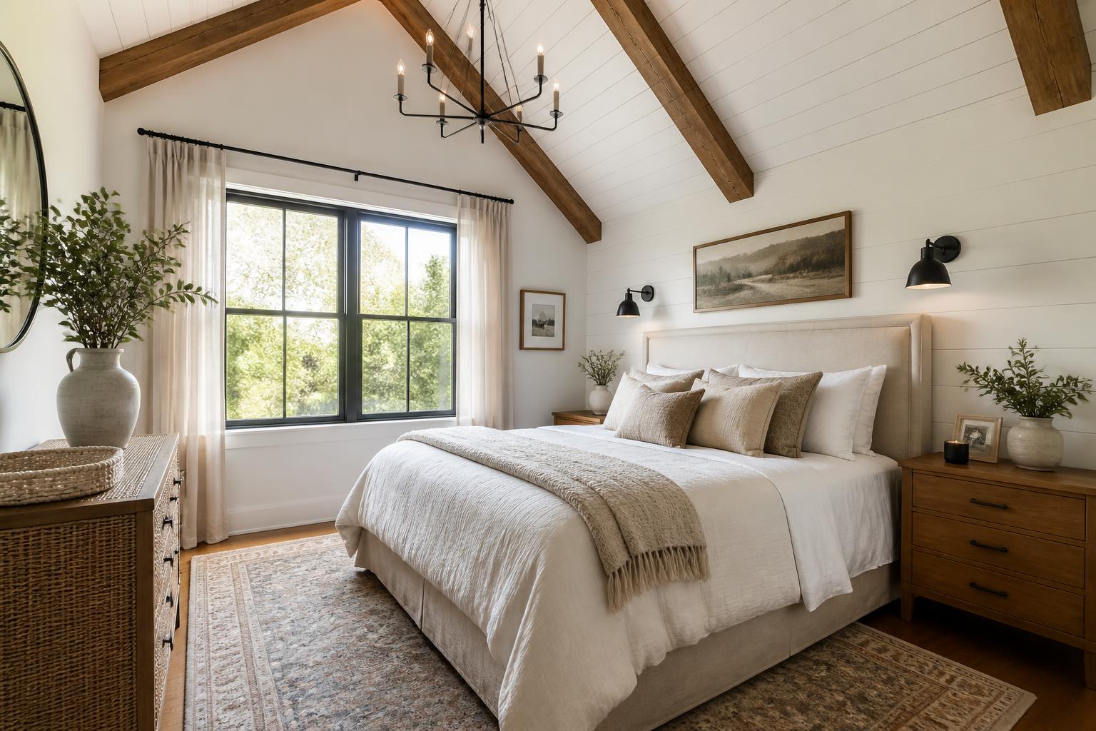 Guest bedroom with white sloped ceiling with cedar beams