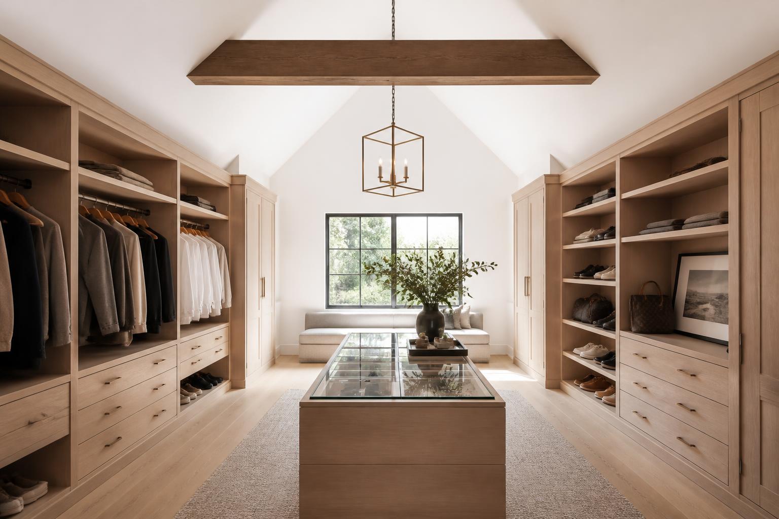 Walk-in closet with white vaulted ceiling, cedar beam and white oak built-ins