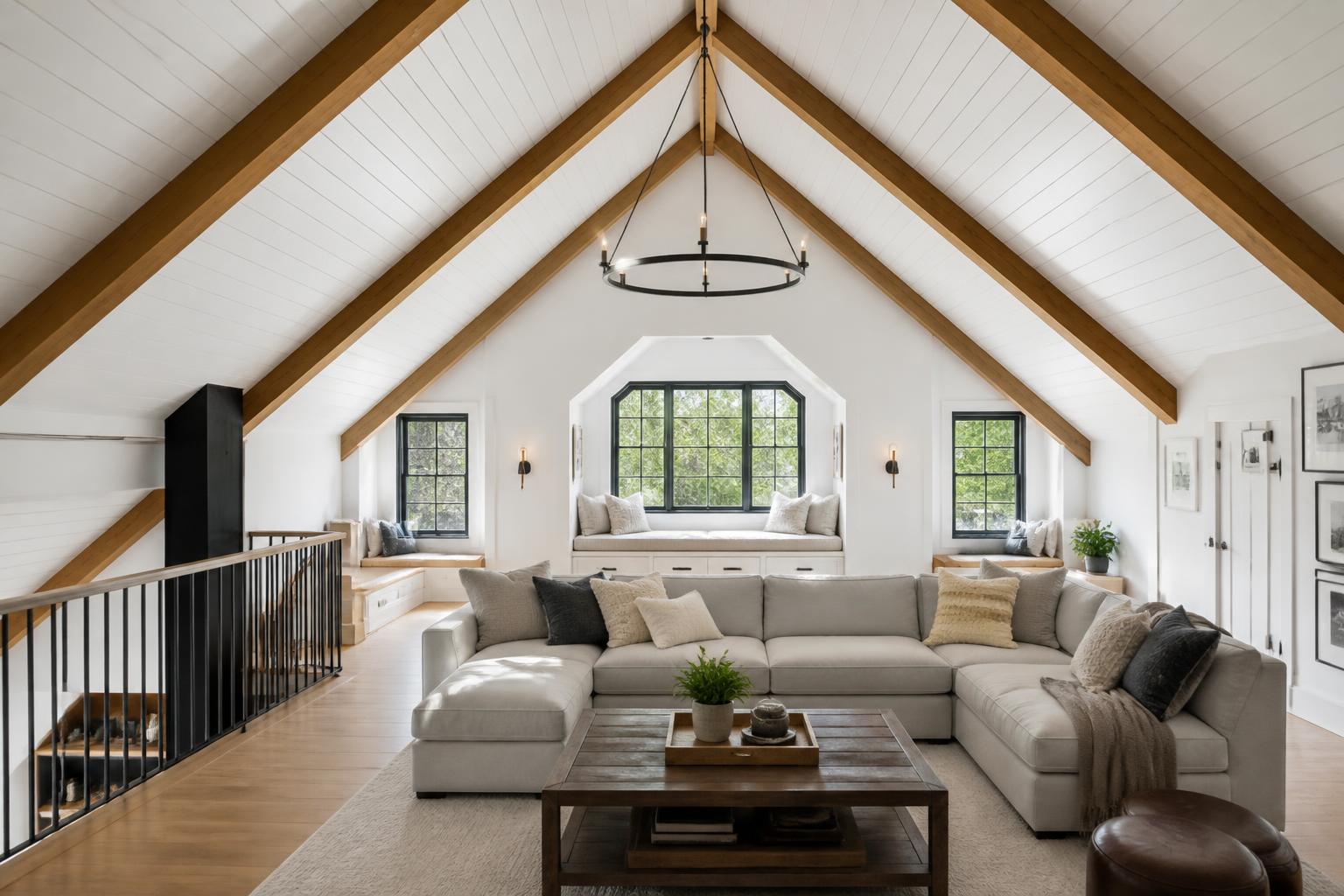 Bonus room with white vaulted ceiling and cedar beams