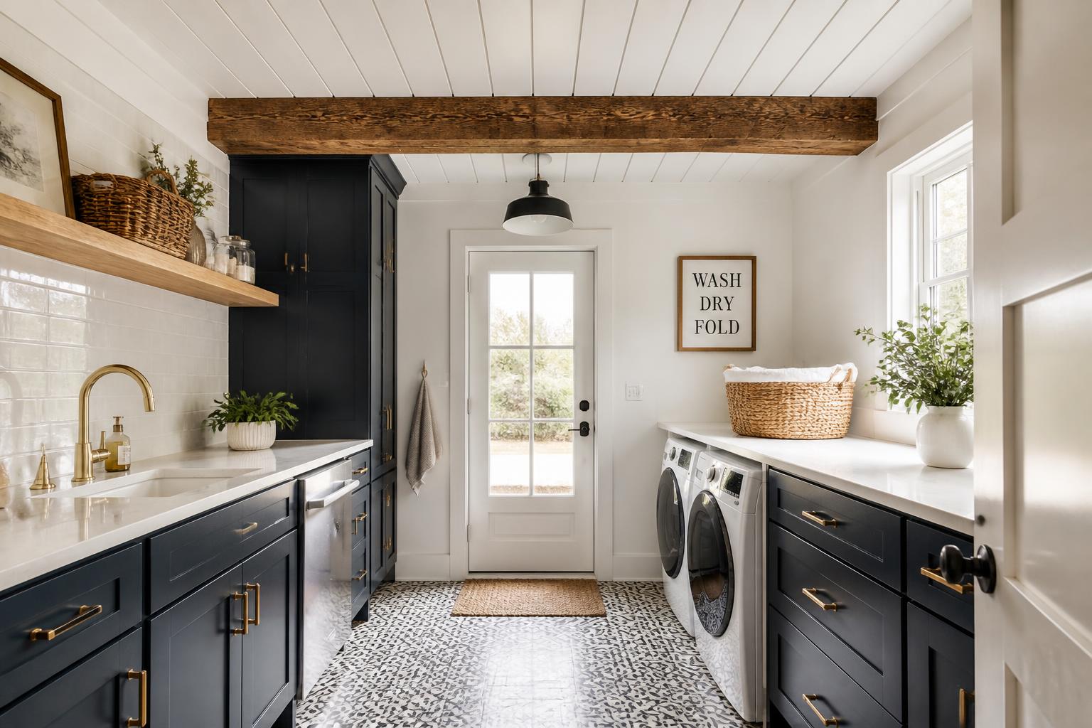 Laundry room with white planked ceiling, cedar beam and navy cabinets