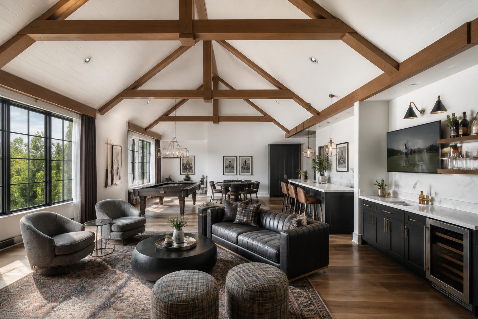 Game room with white vaulted ceiling, cedar beams and wet bar