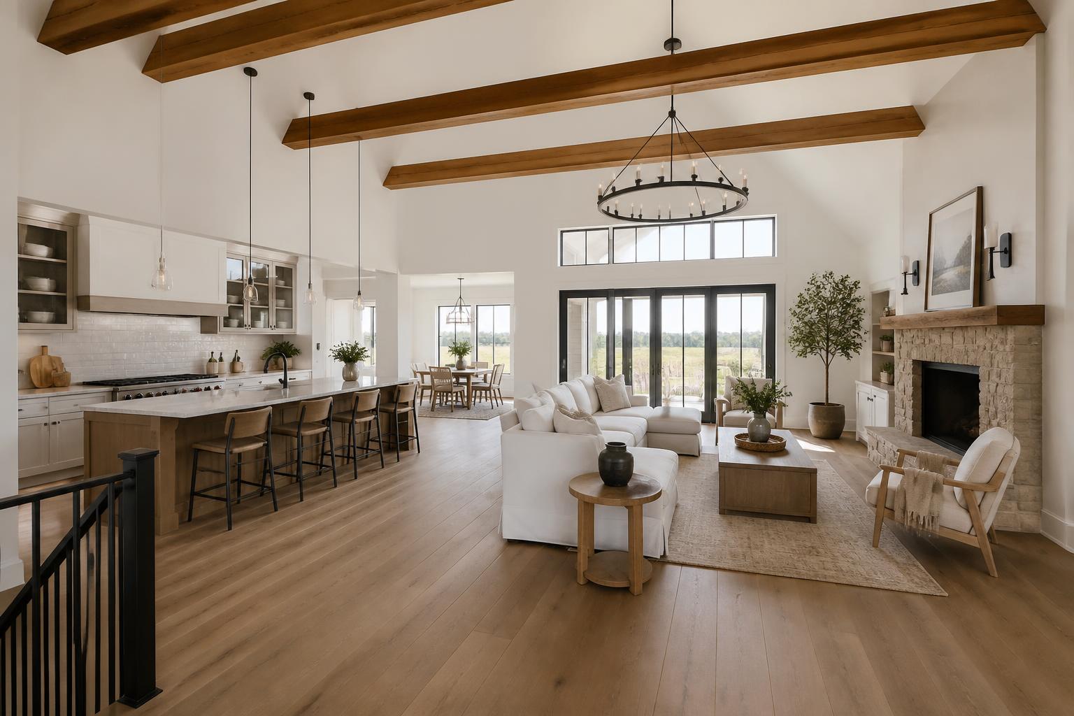 Open floor plan with white vaulted ceiling and long cedar beams